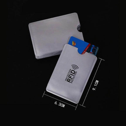 Aluminum RFID Blocking Card Holder, 10 Pack, For Credit And ID Cards - slim silver aluminum sleeves showing two cards and dimensions