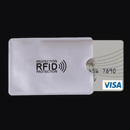 Aluminum RFID Blocking Card Holder, 10 Pack, For Credit And ID Cards showing a slim aluminum sleeve with a partially inserted Visa card and RFID protection logo