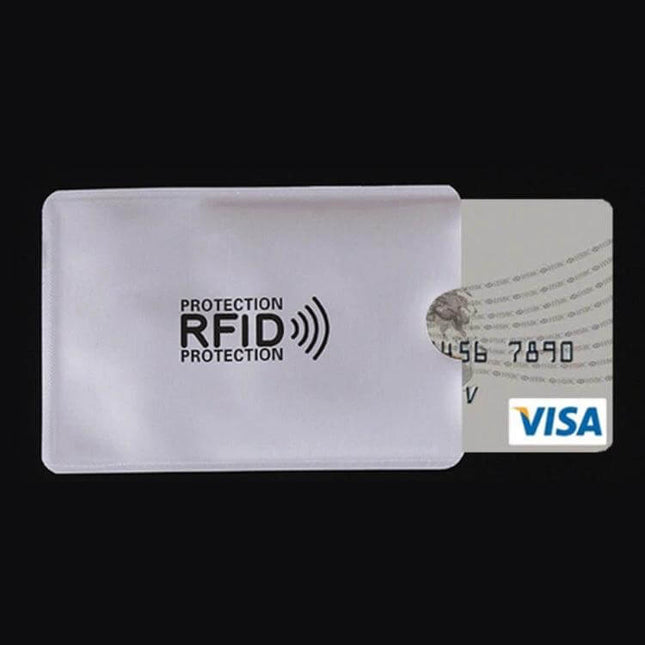 Aluminum RFID Blocking Card Holder, 10 Pack, For Credit And ID Cards showing a slim aluminum sleeve with a partially inserted Visa card and RFID protection logo