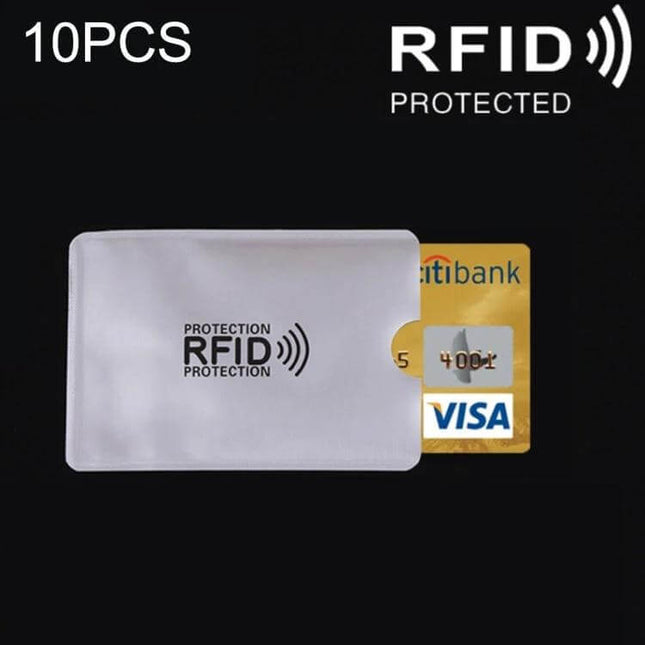 Aluminum RFID Blocking Card Holder, 10 Pack, For Credit And ID Cards - slim aluminum RFID protection sleeves with a VISA card partially inserted