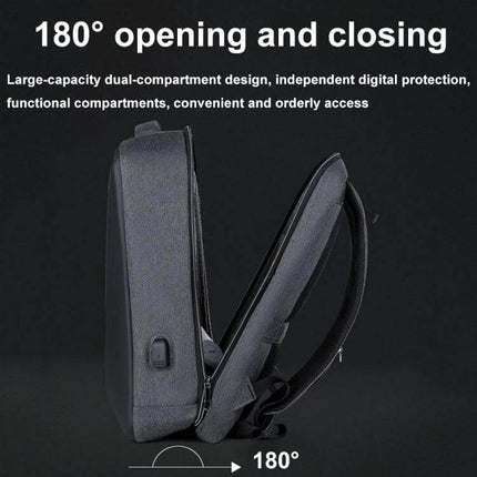 Laptop Backpack Antitheft For Daily Use 16 Inch Size showing 180° opening, dual-compartment antitheft design with zipper and padded laptop pocket