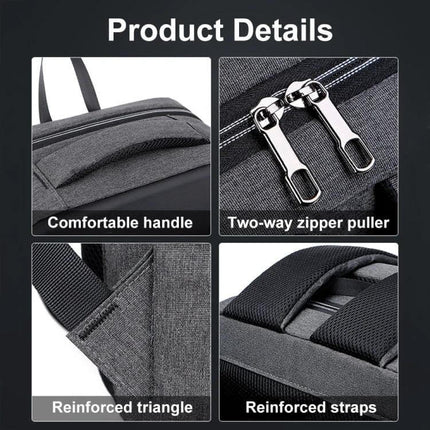 Laptop Backpack Antitheft For Daily Use 16 Inch Size showing comfortable handle, two-way zipper puller, reinforced triangle and reinforced straps