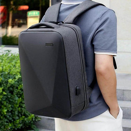 Laptop Backpack Antitheft For Daily Use 16 Inch Size - sleek black anti-theft 16-inch backpack with hard-shell front, padded straps and USB port