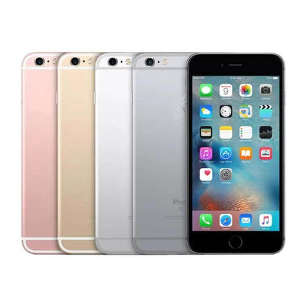 Alt Tag: Apple iPhone 6 Plus 128GB Unlocked Used Phone, Mixed Colors showing five color variants and front display with apps, minor wear, includes cable