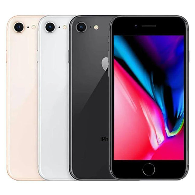 Apple iPhone 8 256GB Unlocked Used A-Grade Smartphone showing front and back in multiple colors, compact 4.7-inch display and Home button