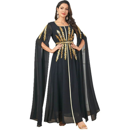 Arab Women's Chiffon Robe With Split Sleeves For Modest Daily Wear - black chiffon abaya with gold embroidery and flowing split sleeves