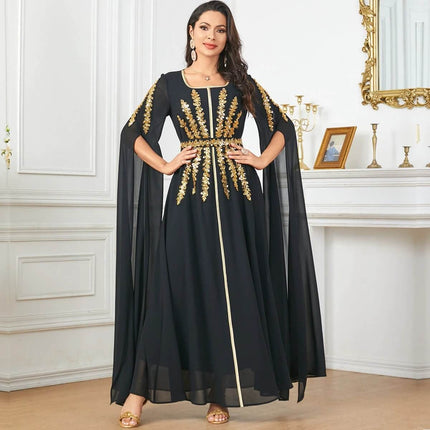 Arab Women's Chiffon Robe With Split Sleeves For Modest Daily Wear black chiffon robe with gold embroidery, split sleeves and flowing skirt