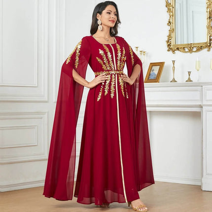 Arab Women's Chiffon Robe With Split Sleeves For Modest Daily Wear model wearing red chiffon robe with gold embroidery, split sleeves, flowing skirt