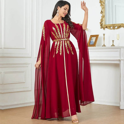 Arab Women's Chiffon Robe With Split Sleeves For Modest Daily Wear - red chiffon long robe with gold embroidery and flowing split sleeves for modest wear
