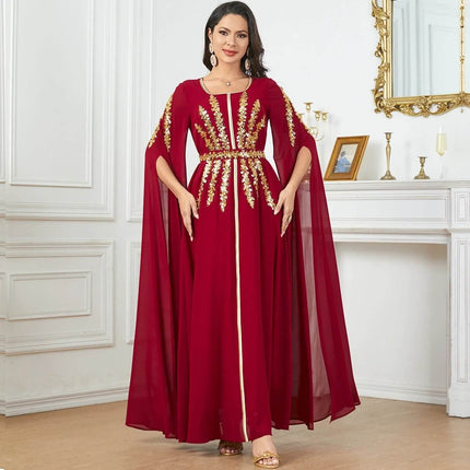 Arab Women's Chiffon Robe With Split Sleeves For Modest Daily Wear in red with gold embroidery, long flowing skirt and split cape sleeves
