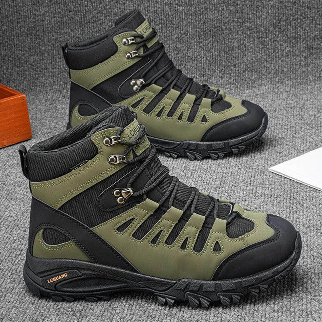 High Top Lace Up Boots For Fall And Winter Army Green - rugged PU high-top with round toe, square mid heel, front lace closure and durable tread