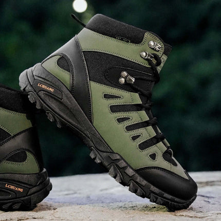 High Top Lace Up Boots For Fall And Winter Army Green durable ankle-support boots with front lace closure and square mid heel, synthetic PU upper