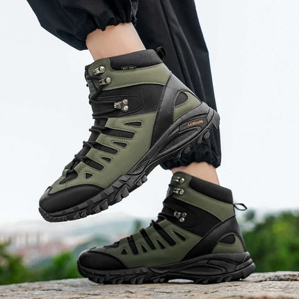 High Top Lace Up Boots For Fall And Winter Army Green - durable high-top lace-up hiking boots with round toe, square mid heel, PU upper and ankle support