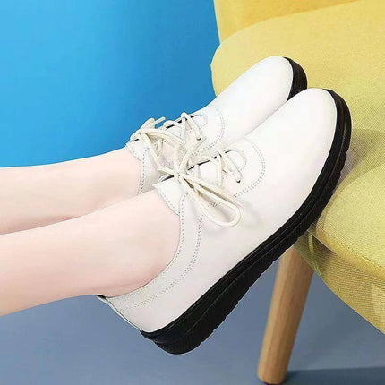 Arrival Casual Leather Low Top Shoes For Everyday Comfort - white lace-up women’s low-top shoes with cotton lining, round toe and lightweight black sole