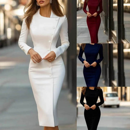 Asymmetric Single Breasted Mid Length Commuter Dress in white with long sleeves, asymmetric hem and button detail for office commutes