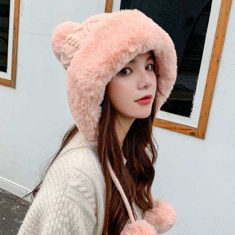 Autumn and Winter Ladies Cotton and Cashmere Skullcap Three Fur Balls Cute Plus Velvet Thickening Pure Color Knitted Hat, Free Size