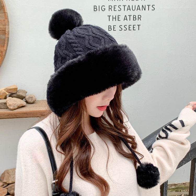 Autumn and Winter Ladies Cotton and Cashmere Skullcap Three Fur Balls Cute Plus Velvet Thickening Pure Color Knitted Hat, Free Size