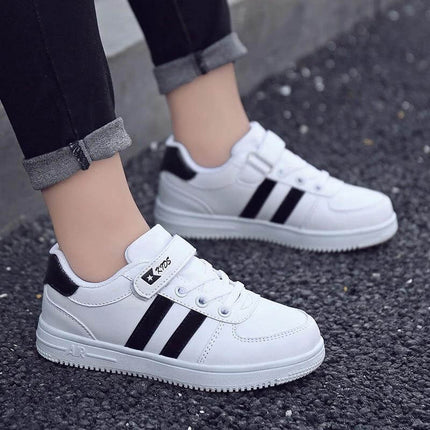 Autumn Kids Fashion Sneakers Velcro Closure Everyday Comfort white leather kids sneakers with black stripes and secure Velcro fastening