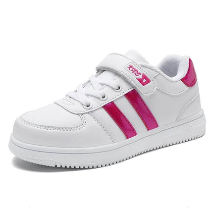 Autumn Kids Fashion Sneakers Velcro Closure Everyday Comfort white leather kids sneaker with pink stripes and Velcro strap for school and play