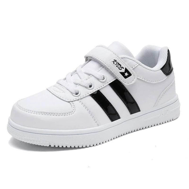 Autumn Kids Fashion Sneakers Velcro Closure Everyday Comfort white leather kids sneaker with black stripes and Velcro strap