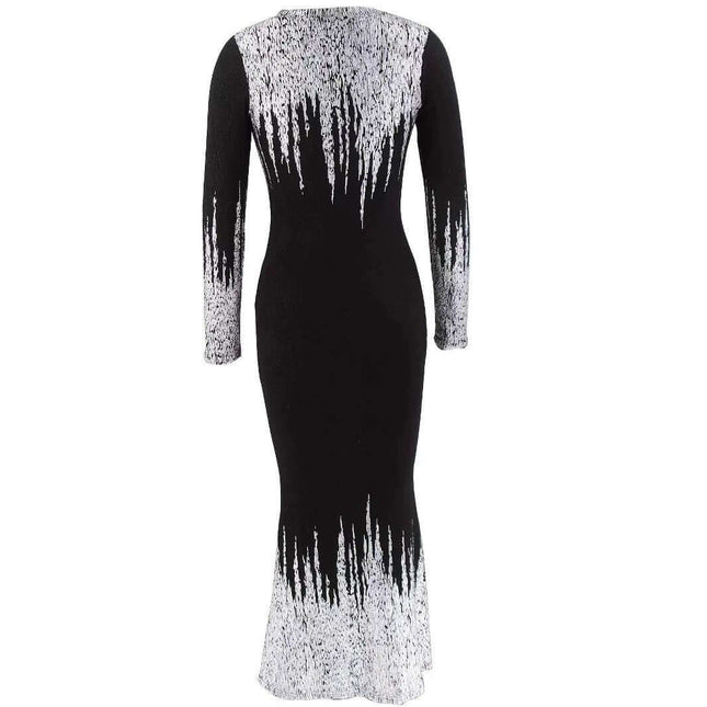 Autumn Winter Fishtail Dress For Women Gold Metallic Finish - long-sleeve fitted fishtail dress with metallic gold/silver ombré detailing