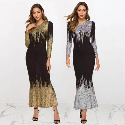 Autumn Winter Fishtail Dress For Women Gold Metallic Finish - fitted bodice, metallic gold and silver options, long sleeves, fishtail hem, evening wear