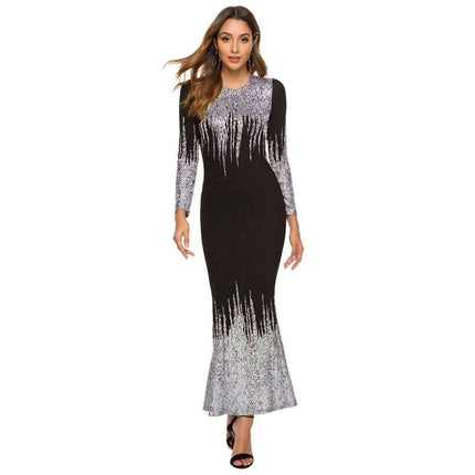 Autumn Winter Fishtail Dress For Women Gold Metallic Finish - fitted long-sleeve evening dress with metallic shimmer, mid waist and fishtail hem