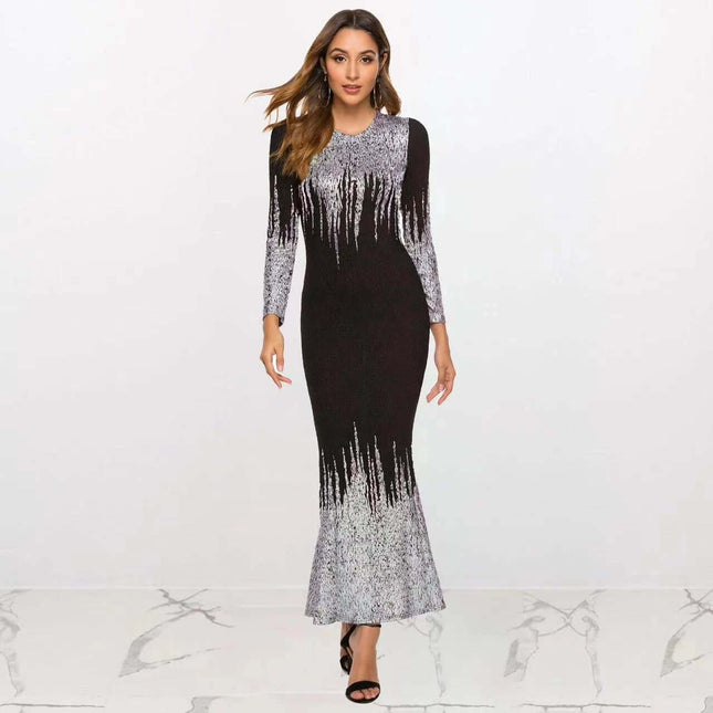 Autumn Winter Fishtail Dress For Women Gold Metallic Finish - fitted metallic gold evening fishtail dress with long sleeves