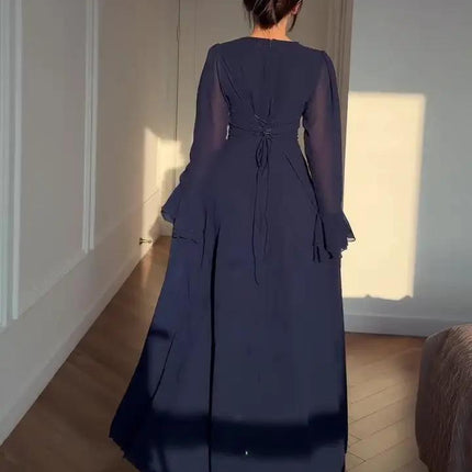 Navy Blue Trumpet Sleeve Tie Maxi Dress For Everyday Wear