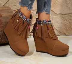 Fringe Suede Wedge Boots