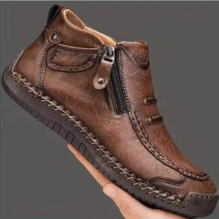 Men's Plus Size Chelsea Slip On Casual High Top Shoes in brown artificial PU with zipper and stitched sole, elastic panels for easy on/off