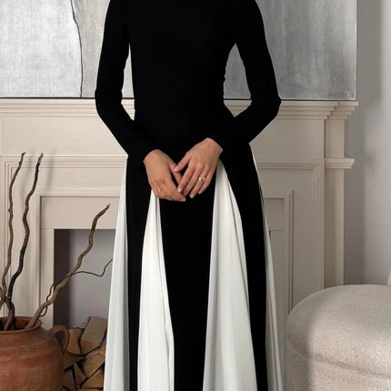 Black And White Patchwork Long Sleeve Maxi Dress For Wedding