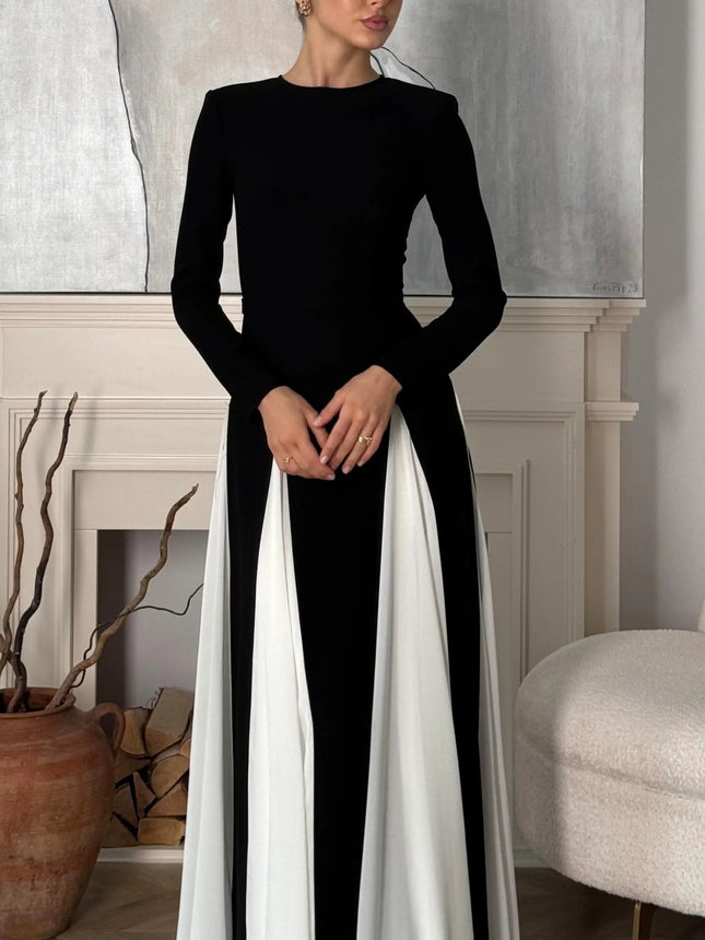 Black And White Patchwork Long Sleeve Maxi Dress For Wedding