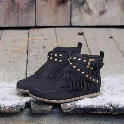 Retro Suede Ankle Boots With Tassel Rivet Flat Winter Wear black suede ankle boots with tassel, rivet strap, side zipper and anti-slip sole