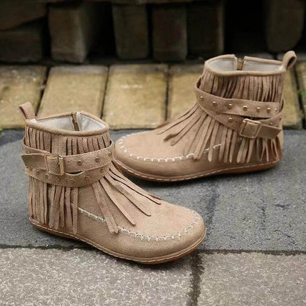 Retro Suede Ankle Boots With Tassel Rivet Flat Winter Wear - tan suede fringe ankle boots with side zipper and anti-slip sole