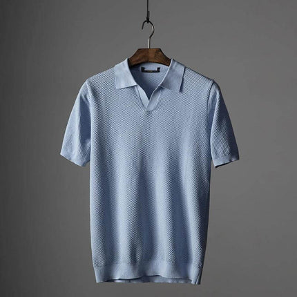 Men's Cotton V-Neck Short Sleeve Lapel Top for Everyday Wear - light blue breathable cotton v-neck lapel tee on hanger