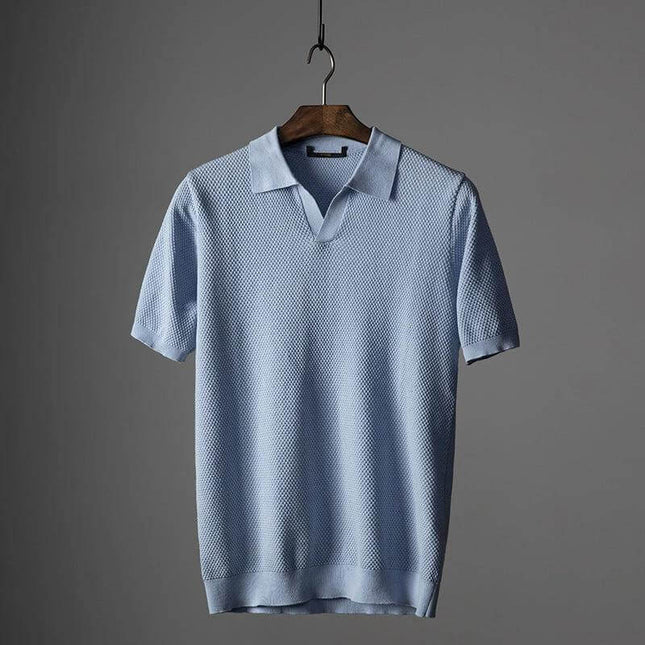 Men's Cotton V-Neck Short Sleeve Lapel Top for Everyday Wear - light blue breathable cotton v-neck lapel short sleeve top on hanger