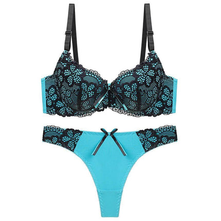 Women's Adjustable Lace Push-Up Bra Set for Everyday Wear - turquoise lace push-up bra and matching thong set, adjustable straps, 3/4 cup support