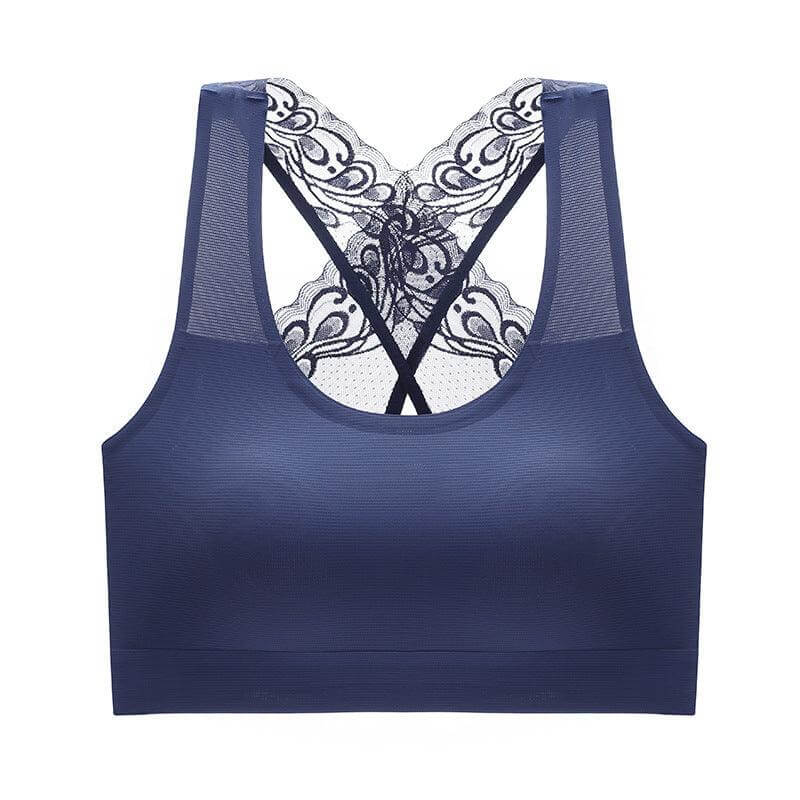 Seamless No-Rims Latex Women's Comfort Bra in navy with elegant lace back design for maximum support and smooth silhouette.