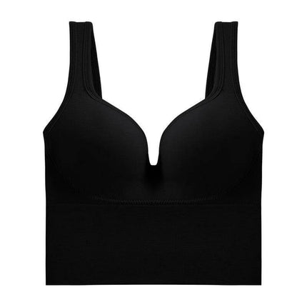 Women's Comfortable Sports Bra with Soft Back Support and Straps in black vest style with fixed double-shoulder straps, breathable nylon for workouts and daily wear