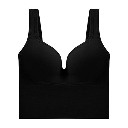 Women's Comfortable Sports Bra with Soft Back Support and Straps in black seamless vest style with fixed double-shoulder straps