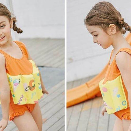 Yellow Graffiti One-Piece Swimsuit with Buoyancy for Baby Girls in yellow graffiti print Cotton Lun buoyant swimwear for toddlers