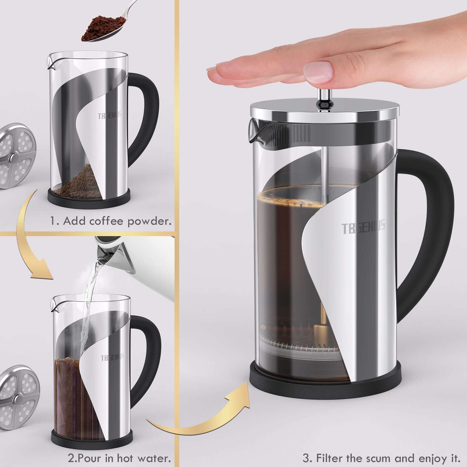 Demonstration of TBGENIUS 600ml French Press Coffee Maker with 4-level filtration showing steps to add coffee, pour hot water, and filter.