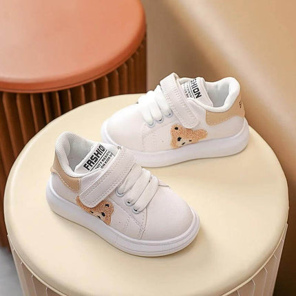 Baby Bear Casual Kids Sports Shoes For Toddlers With Cartoon Print white toddler sneakers with bear patch, Velcro straps and rubber sole
