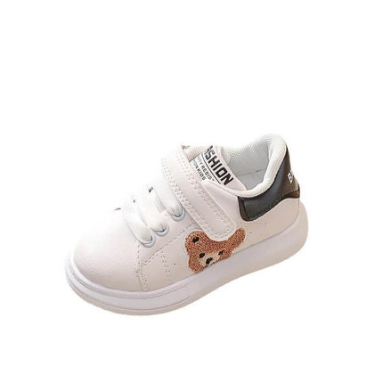 Baby Bear Casual Kids Sports Shoes For Toddlers With Cartoon Print white toddler sneaker with teddy bear patch, velcro strap and rubber sole