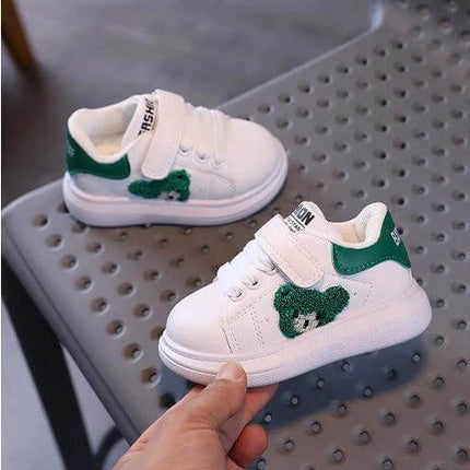 Baby Bear Casual Kids Sports Shoes For Toddlers With Cartoon Print white toddler sneakers with green bear patch, velcro strap, rubber sole