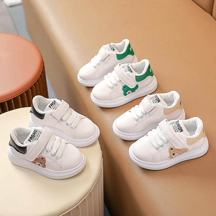 Baby Bear Casual Kids Sports Shoes For Toddlers With Cartoon Print white toddler sneakers with Velcro straps and bear print, artificial leather, rubber sole