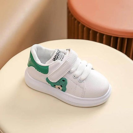Baby Bear Casual Kids Sports Shoes For Toddlers With Cartoon Print - white toddler sneaker with green cartoon bear patch, velcro strap and rubber sole