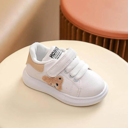 Baby Bear Casual Kids Sports Shoes For Toddlers With Cartoon Print white toddler sneaker with teddy bear patch, velcro strap and rubber sole