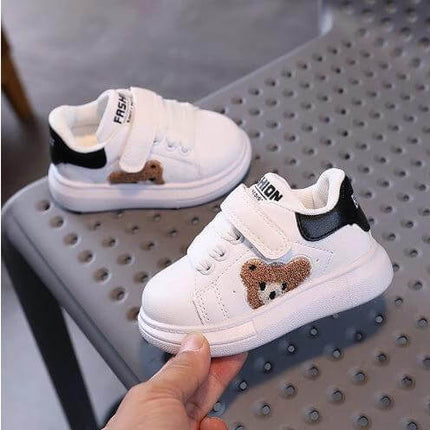 Baby Bear Casual Kids Sports Shoes For Toddlers With Cartoon Print - white toddler sneakers with teddy bear patch, velcro strap and rubber sole